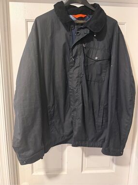 Barbour Stormforce Waxed Jacket XL Navy Hidden Camo Hood Corduroy Collar